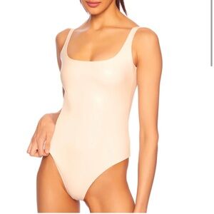 NWT Susana Monico Faux Leather Low Back Tank Bodysuit Bleached Almond size M